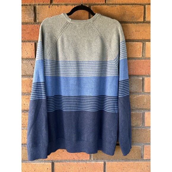 LL Bean Sweater‎ Men's Size Large Striped Blue Gray Cotton Cashmere Blend V-Neck - Picture 2 of 14
